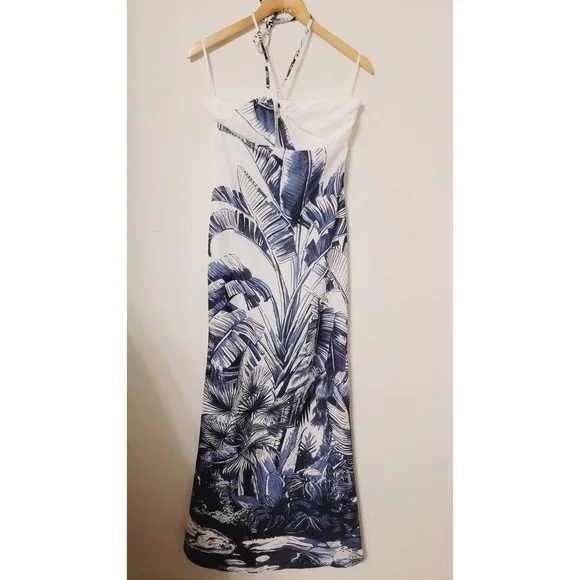 Commense Halter Maxi Dress Size Small Strapless Tie Blue White Floral Summer NWT - Picture 3 of 9